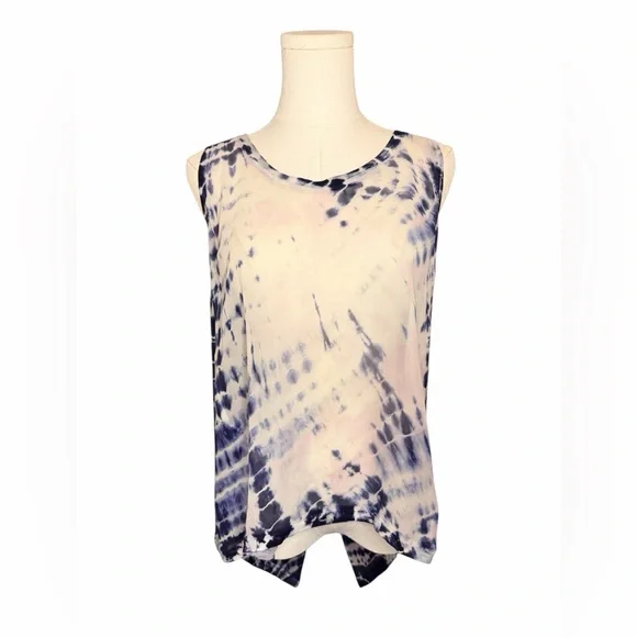 Language Silk Tie Dye Tank Top Blue White Tunic Sleeveless Made in USA M - Picture 2 of 8